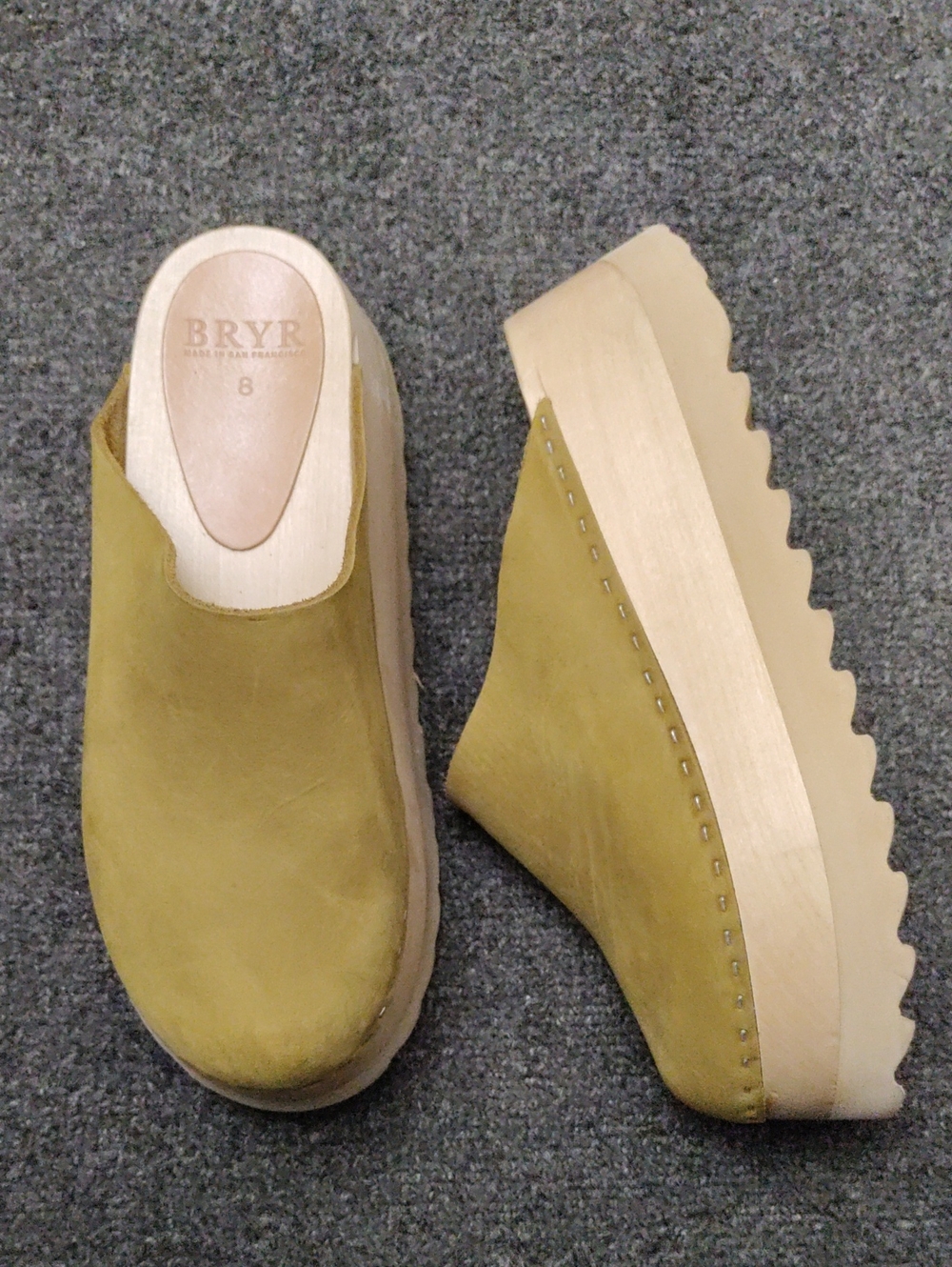 BRYR Olive Suede Platform Clogs with Sculpted Wood Sole